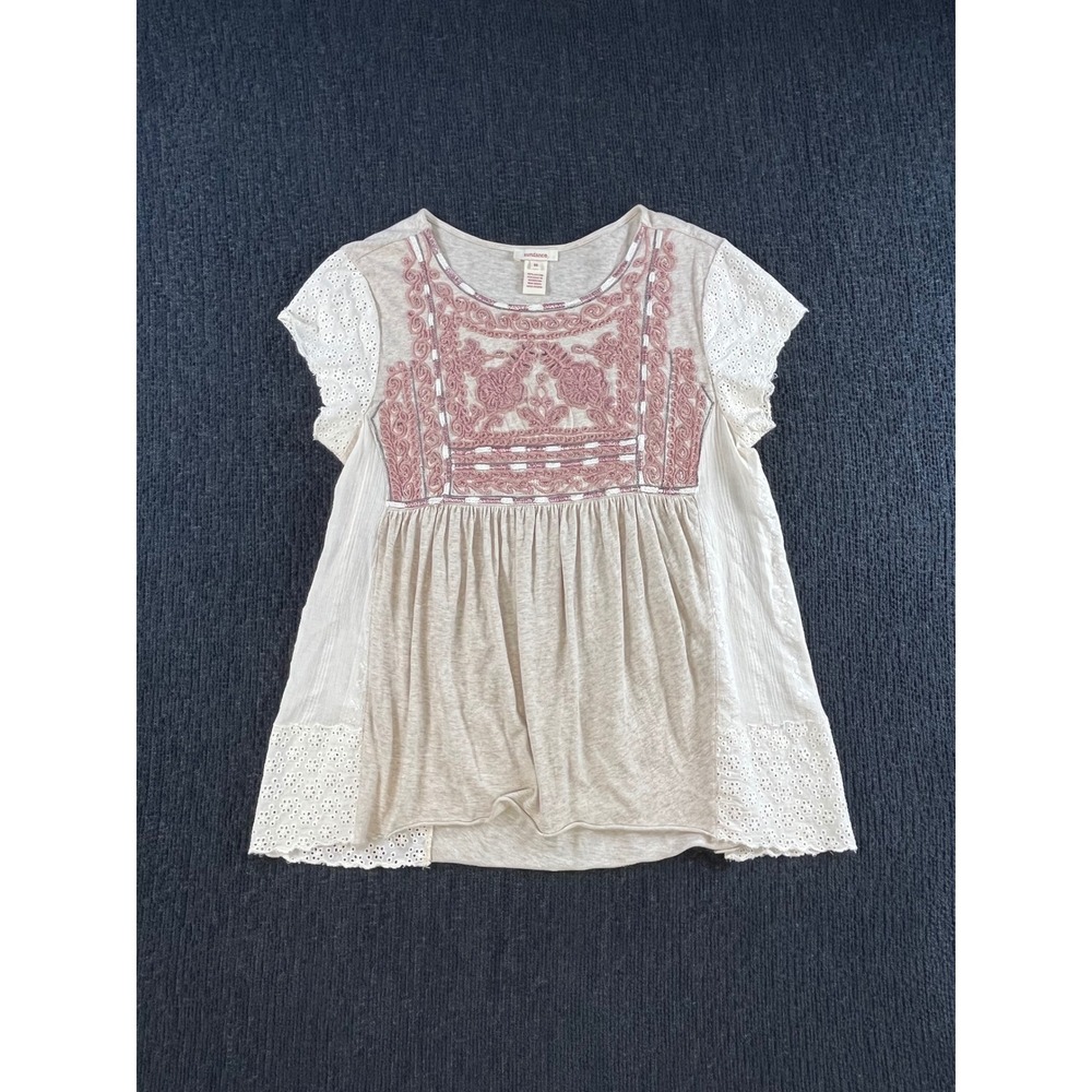 Sundance Womens Embroidered Eyelet Lace Babydoll Top Pink‎ Beige Cotton Medium